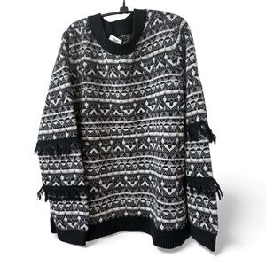 🆕 Susan Graver (QVC) detailed knit black/white fringe sweater *NWT* $74 size: XL
